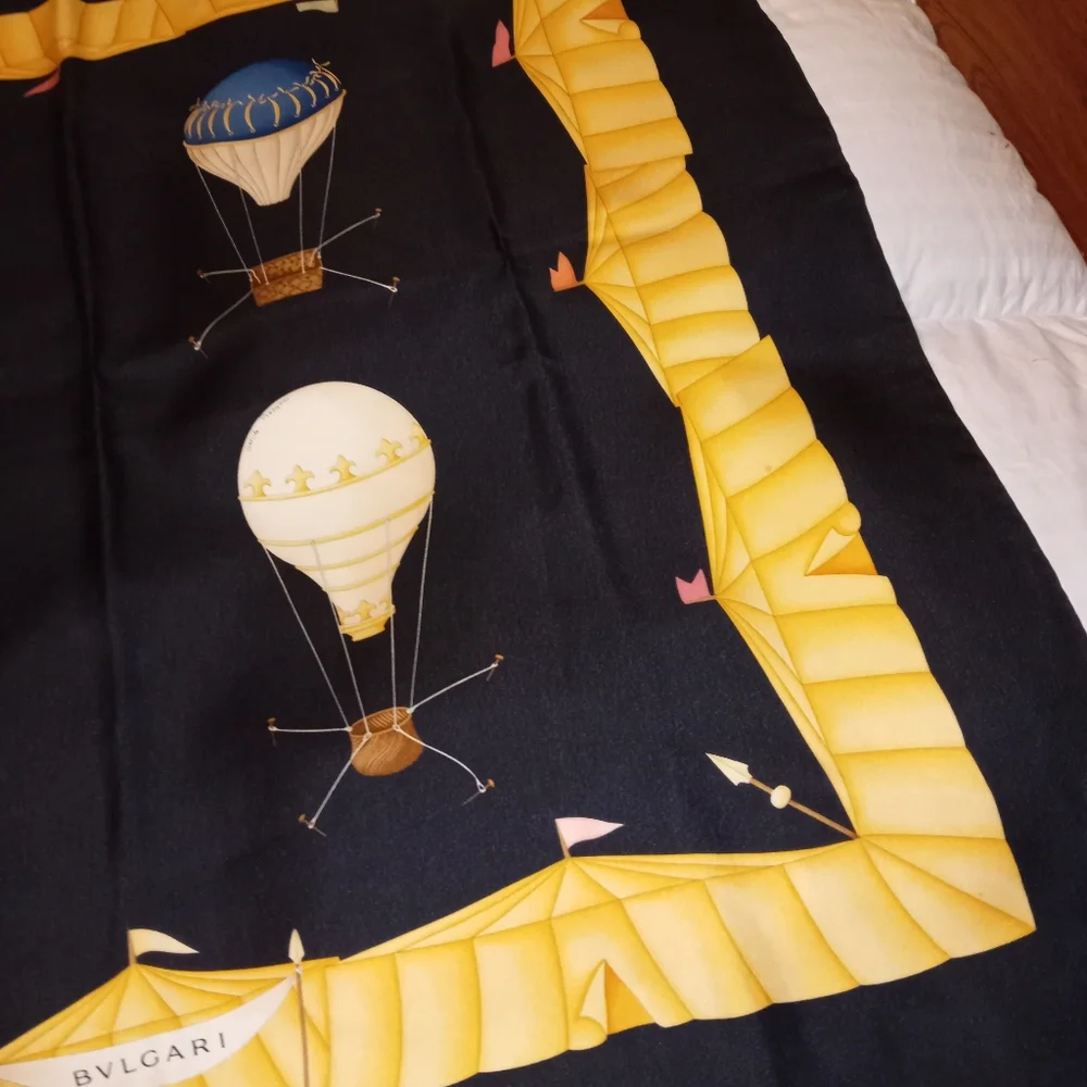 Bulgari Black Silk Scarf with Yellow Border and Multicolor Hot Air Balloons